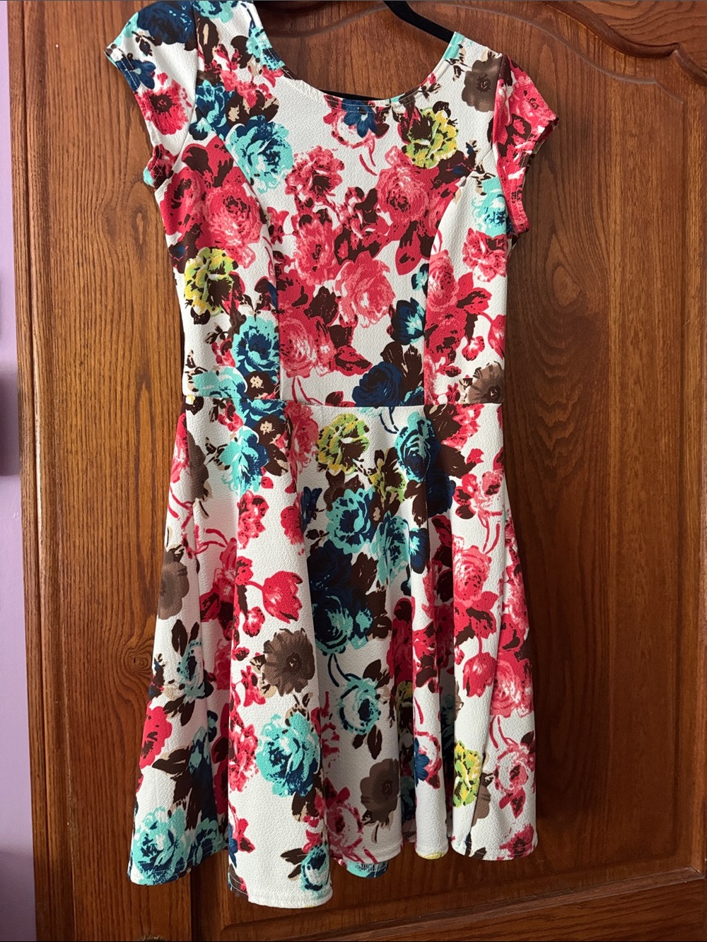 Police White Floral Midi Dress with Coral, Teal & Brown Accents